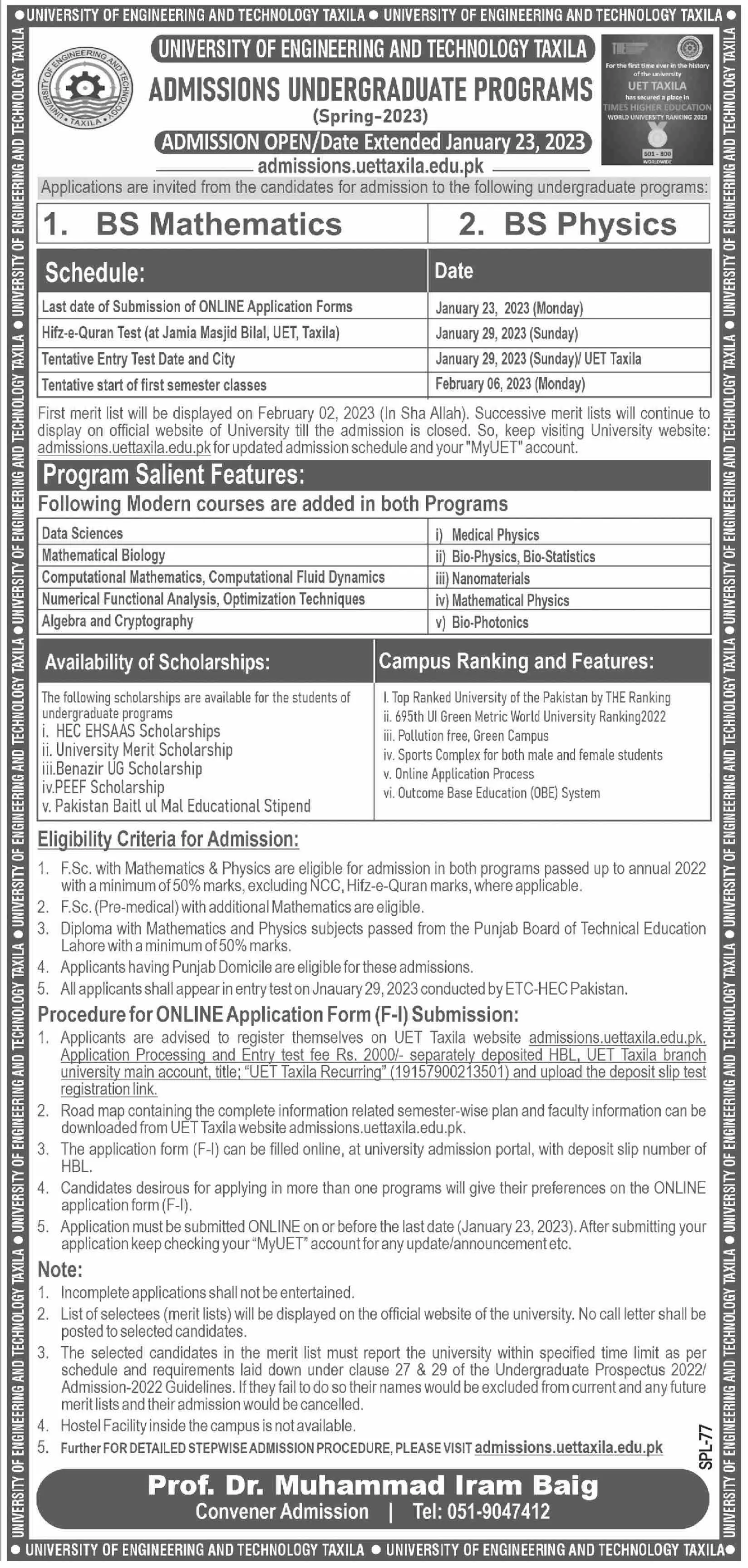 University of Engineering and Technology Taxila Admissions Admissions 2023 — original advertisement