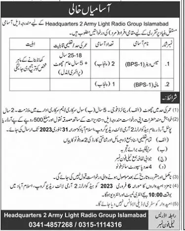 Headquaters 2 Army Light Radio Group Islamabad Jobs 2023 – Pakistan Army Jobs 2023 — original advertisement