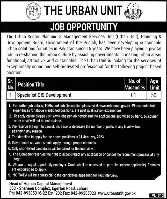 Planning and Development Board Punjab Jobs 2023 – The Urban Unit Punjab Jobs 2023 — original advertisement