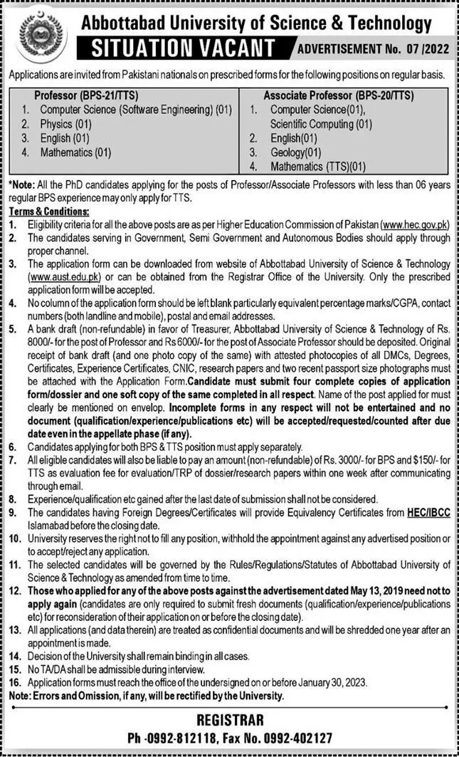 Abbottabad University of Science and Technology Jobs 2023 Jobs 2023 — original advertisement