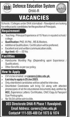 Defense Education System Rawalpindi Jobs 2023 – Defence Housing Authority Jobs 2023 — original advertisement
