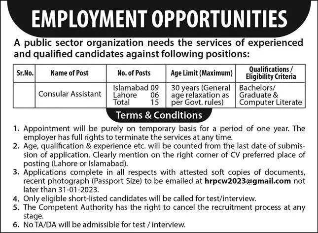 Public Sector Organization Islamabad Jobs 2023 Jobs 2023 — original advertisement