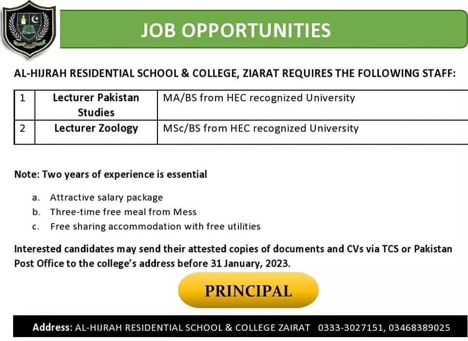 Al Hijrah Residential School and College Ziarat Jobs 2023 – Al Hijrah Residential School And College Jinnah Campus Jobs 2023 — original advertisement