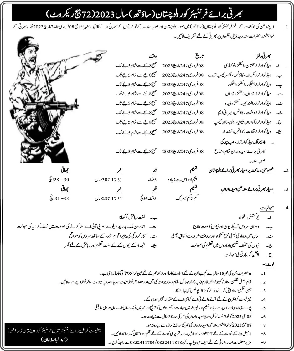 Frontier Corps FC Balochistan Jobs 2023 – Frontier Corps (South) Balochistan Jobs 2023 — original advertisement