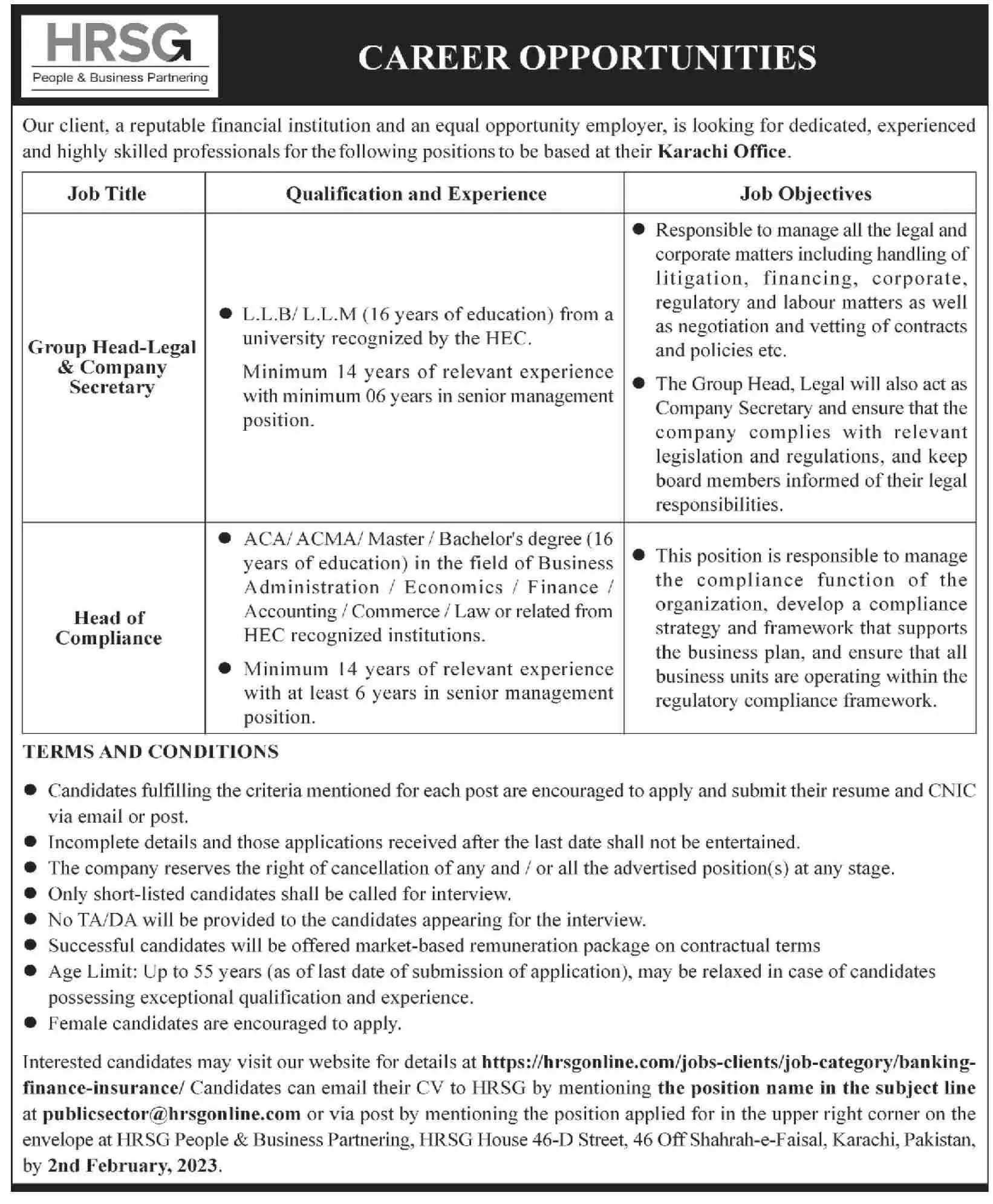 HRSG Outsourcing Pvt Limited Karachi Jobs 2023 – Private Company Jobs 2023 — original advertisement
