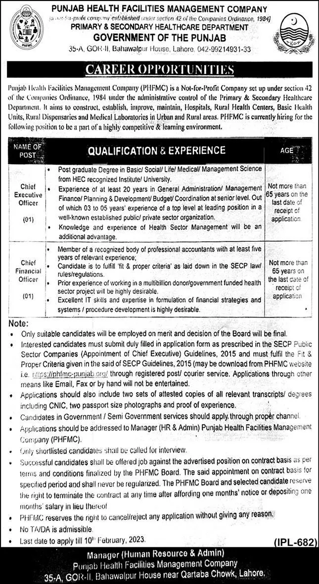 Punjab Healh Facilities Management Company Jobs 2023 – Punjab Health Initiative Management Company Jobs 2023 — original advertisement