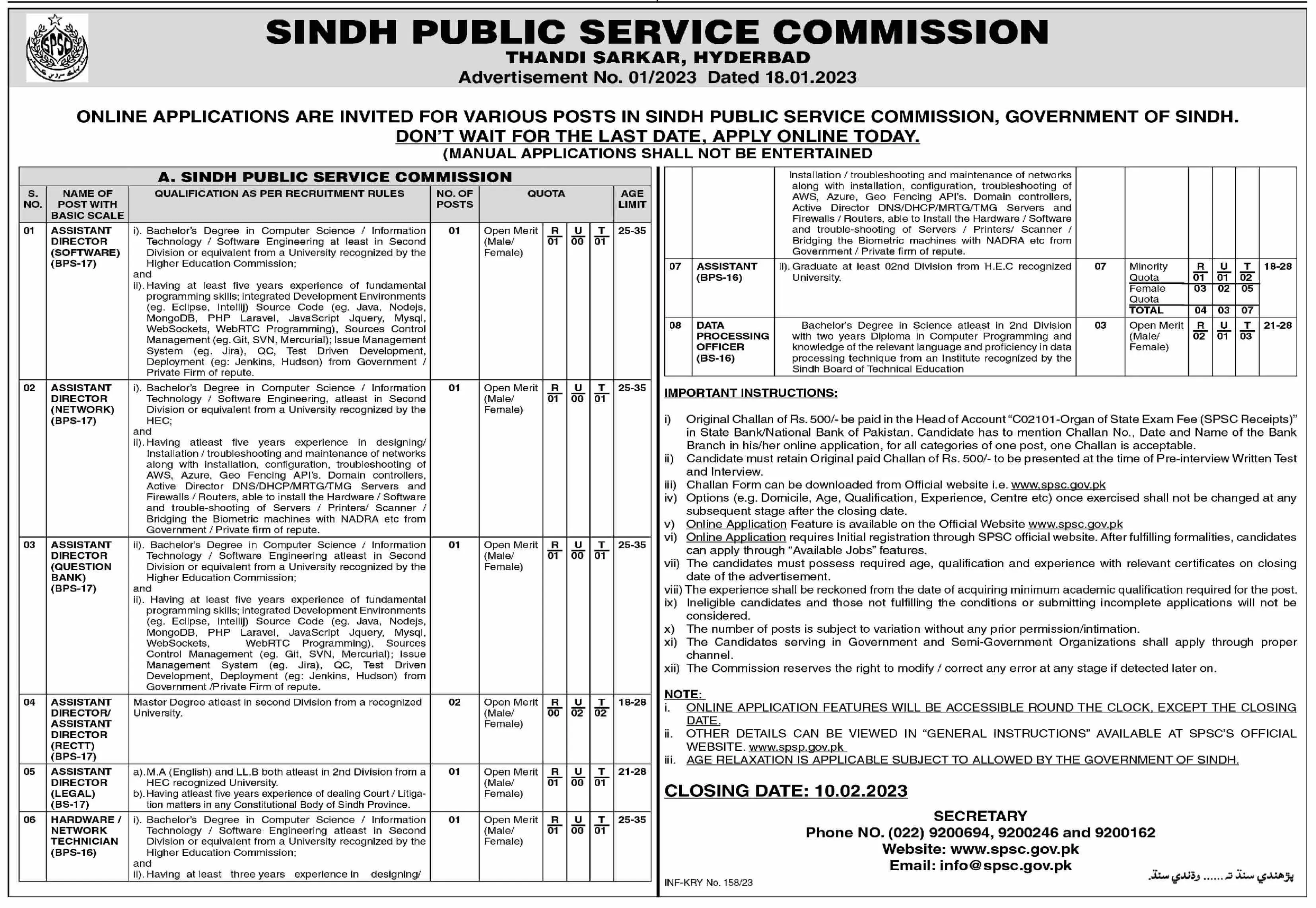 Sindh Public Service Commissions Jobs 2023 – Sindh Public Service Commission at Karachi Jobs 2023 — original advertisement