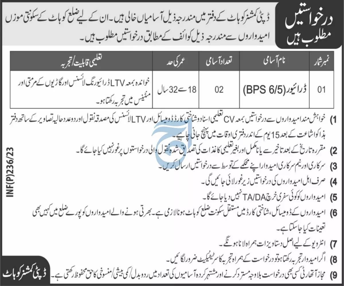 Deputy commissioner Kohat Khyber Pakhtunkhwa Jobs 2023 – Deputy Commissioner Peshawar Jobs 2023 — original advertisement