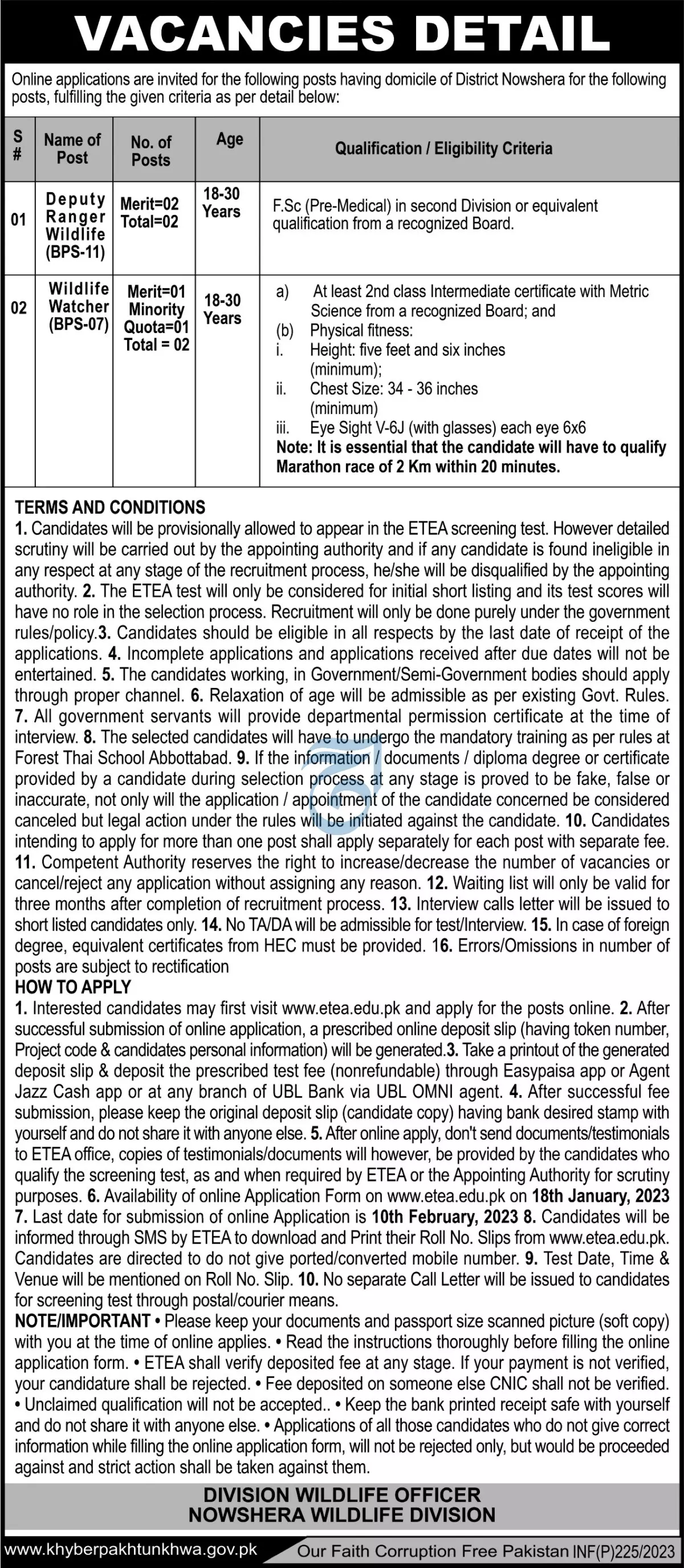 Nowshera Wildlife Division Jobs 2023 – Forestry, Environment & WildLife Department KPK Jobs 2023 — original advertisement