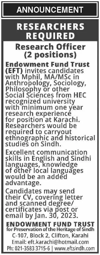 Sindh Endowment Fund EFT Karachi Sindh Jobs 2023 Jobs 2023 — original advertisement