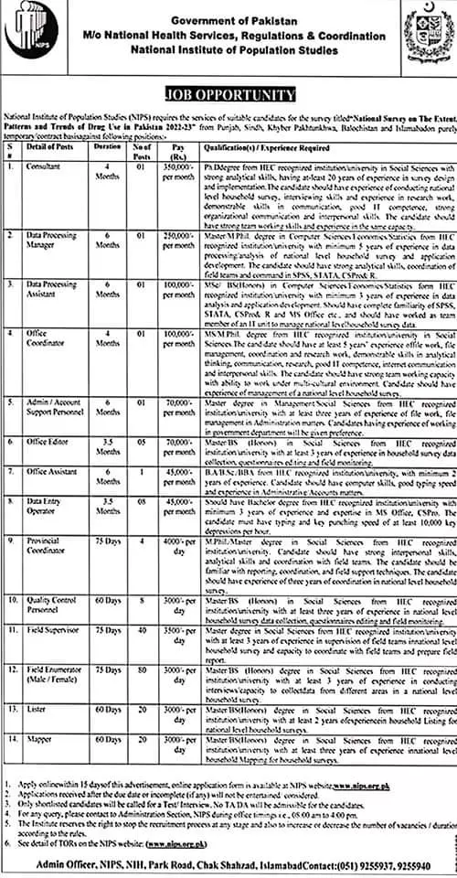 National health services regulations & coordination Jobs – Ministry of National Health Services Regulation and Coordination Jobs 2023 — original advertisement