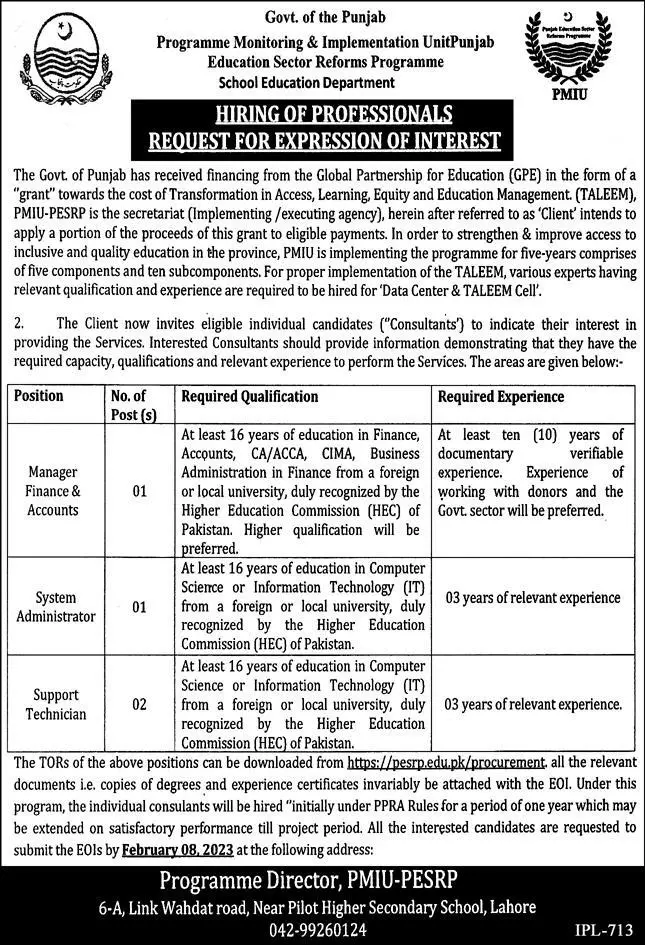 School Education Department Punjab Jobs 2023 – Education School Department Punjab Jobs 2023 — original advertisement