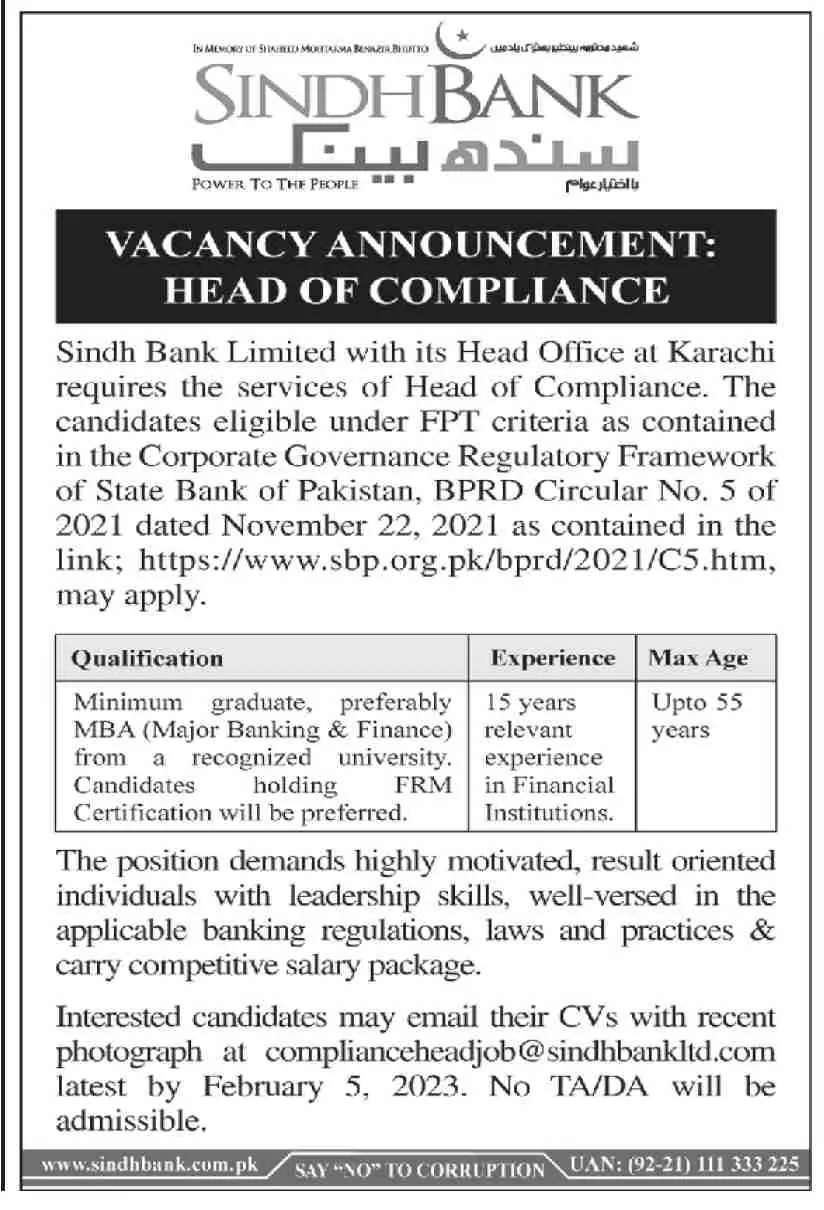 Sindh Bank Karachi Jobs 2023 Jobs 2023 — original advertisement