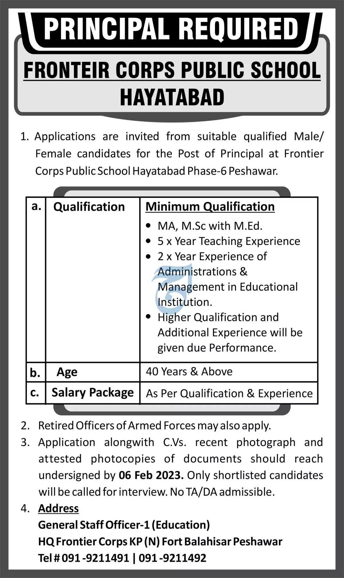 Fronteir Crops Public School Hayatabad Jobs 2023 – Cantonment Board Jobs 2023 — original advertisement