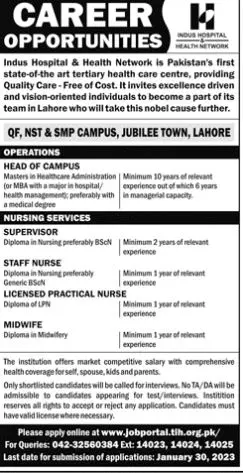 Indus Hospital & Health Network Lahore Jobs 2023 Jobs 2023 — original advertisement