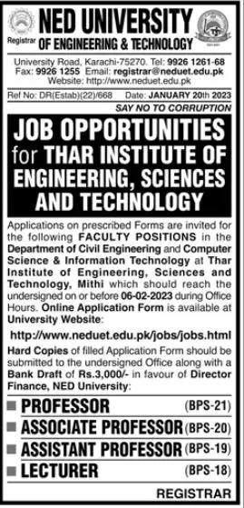 Ned University of Engineering & Technology Jobs 2023 – NED University of Engineering and Technology Jobs 2023 — original advertisement