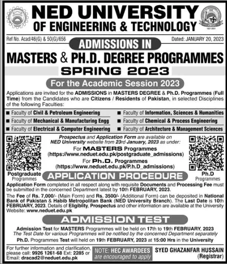 Ned University of Engineering & Technology Admissions 2023 – NED University of Engineering and Technology Admissions 2023 — original advertisement