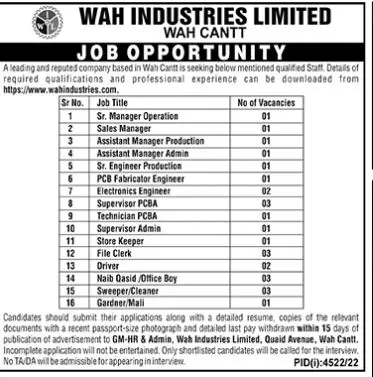 Wah Industries Limited Wah Cantt Jobs 2023 Jobs 2023 — original advertisement