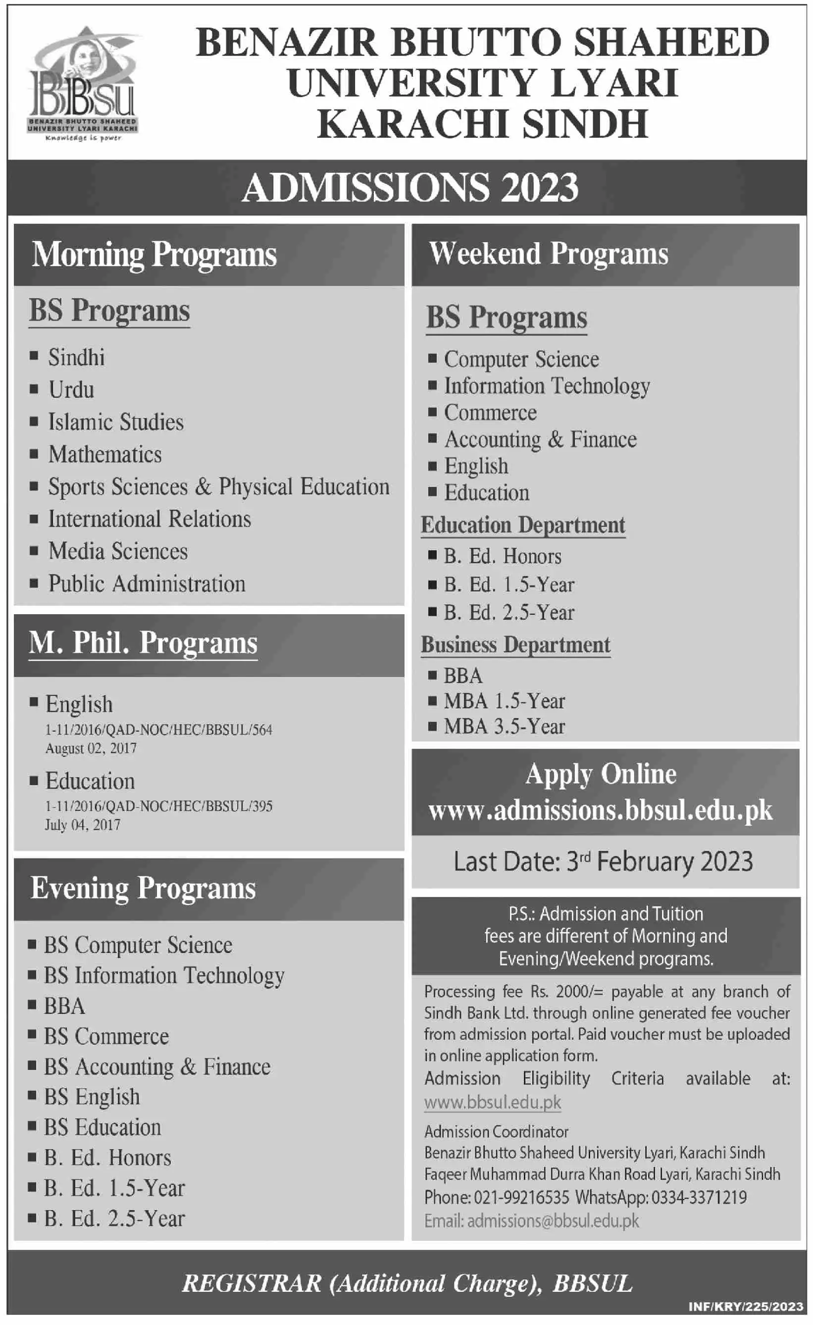 Banazir Bhutto Shaheed University Lyari Karachi Admissions – Benazir Bhutto Shaheed University Lyari Admissions 2023 — original advertisement