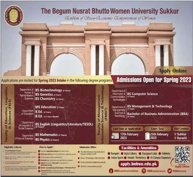 Begum Nusrat Bhutto Women University Sukkur Admissions 2023 Admissions 2023 — original advertisement