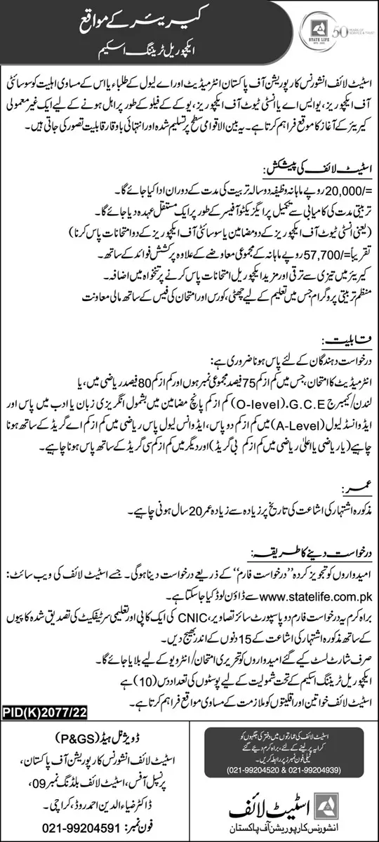 State Life Insurance Jobs for students – State Life Insurance Corporation of Pakistan Jobs 2023 — original advertisement