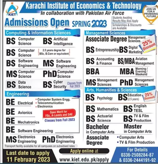 Karachi Institute of Economic & Technology Admissions 2023 – Karachi Institute of Economics and Technology KIET Admissions 2023 — original advertisement