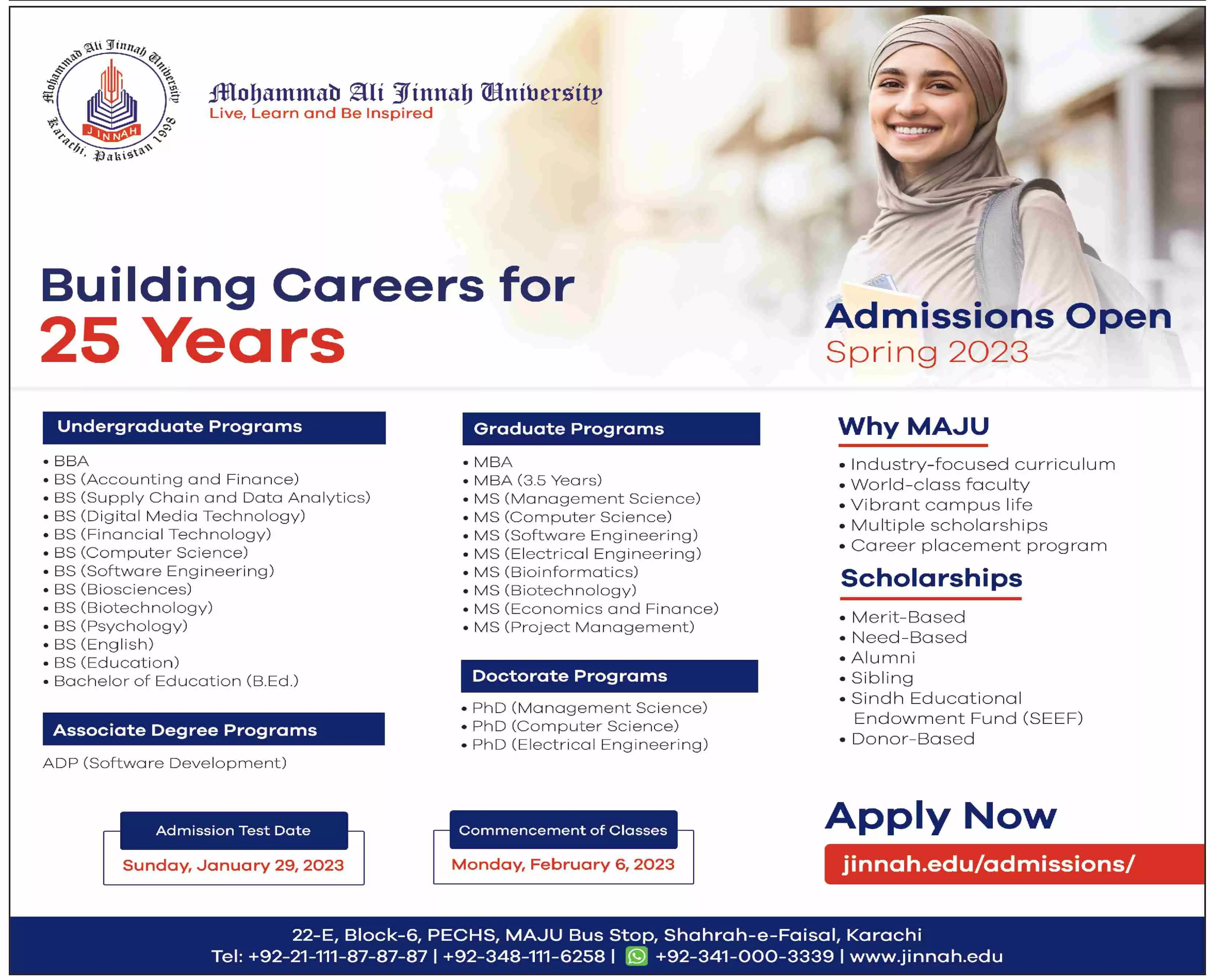 Muhammad Ali Jinnah University Admissions 2023 Admissions 2023 — original advertisement