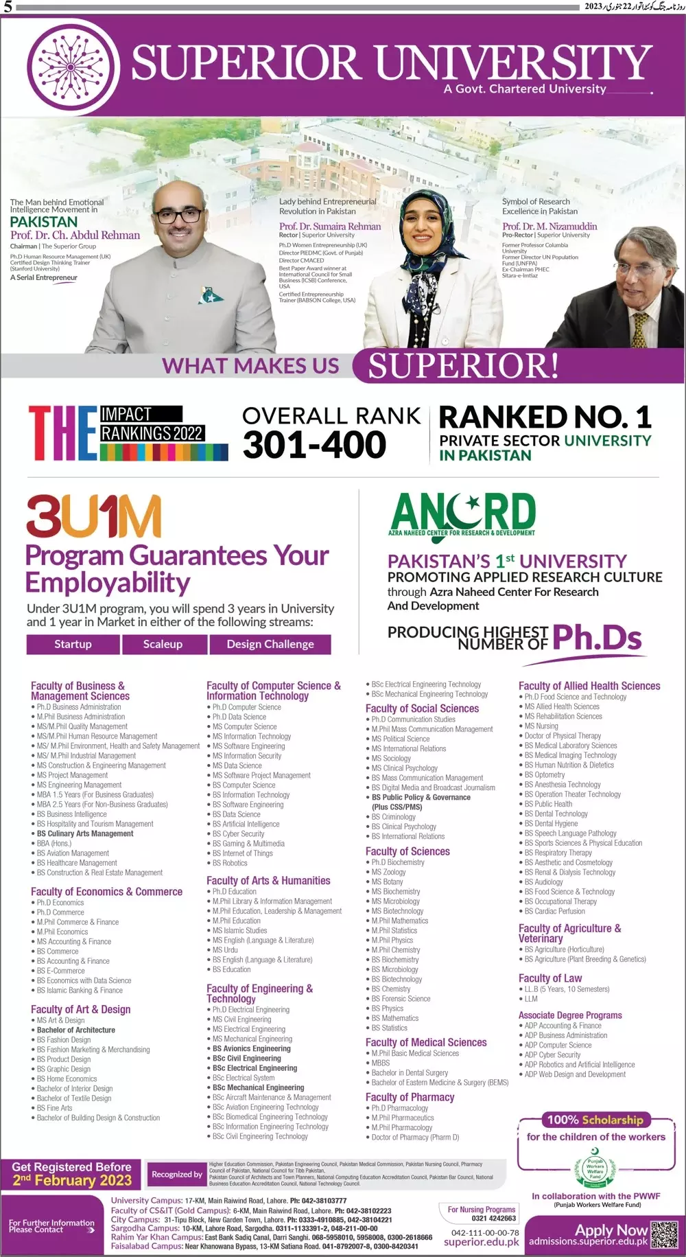 Superior University Lahore Punjab Admissions 2023 Admissions 2023 — original advertisement