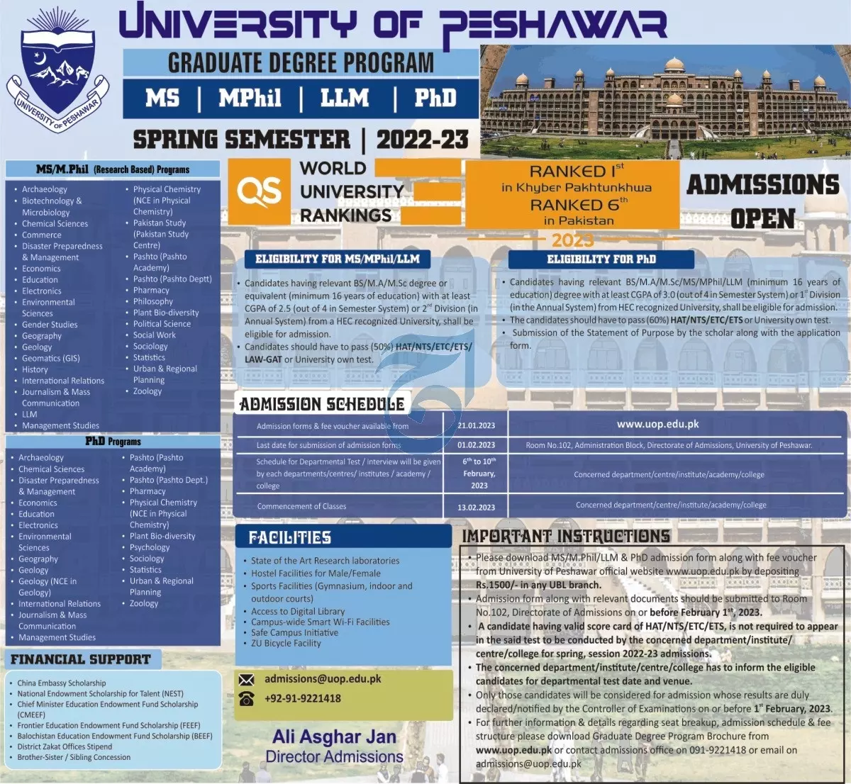 University of Peshawar Admissions 2023 Admissions 2023 — original advertisement