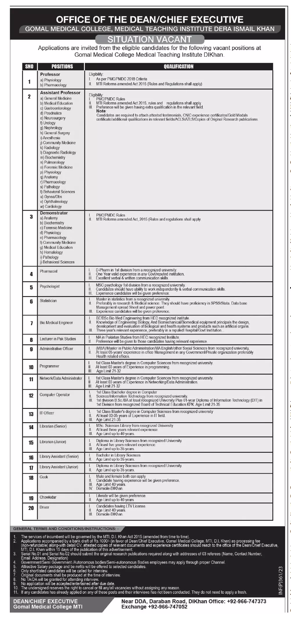 Gomal Medical College Medical Teaching Institute Di Khan Job – Gomal Medical College – Dera Ismail Khan Jobs 2023 — original advertisement