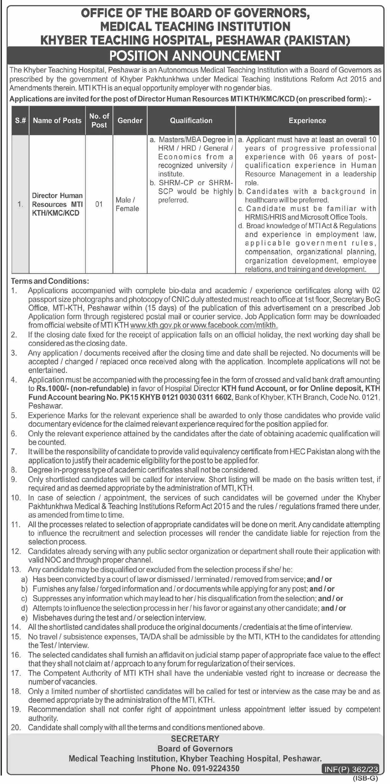 Medical Teaching Institute Khyber Teaching Hospital Jobs – Medical Teaching Institution Nowshera Jobs 2023 — original advertisement