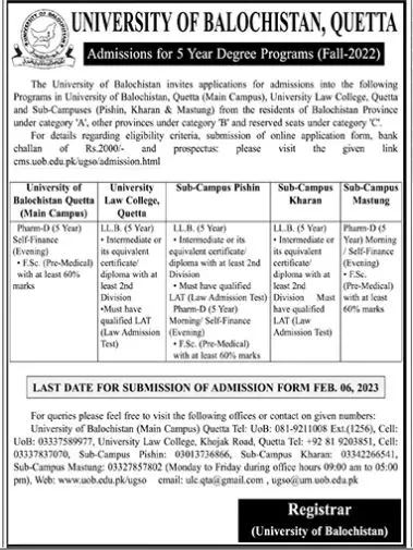 University of Balochistan Admissions 2023 Admissions 2023 — original advertisement