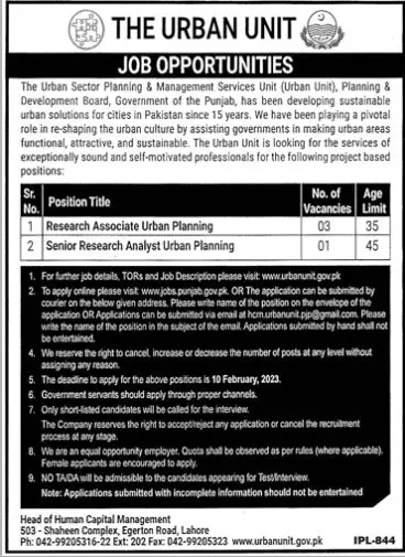 Urban Sector Planning & Management Service Unit Jobs 2023 – The Urban Unit Punjab Jobs 2023 — original advertisement