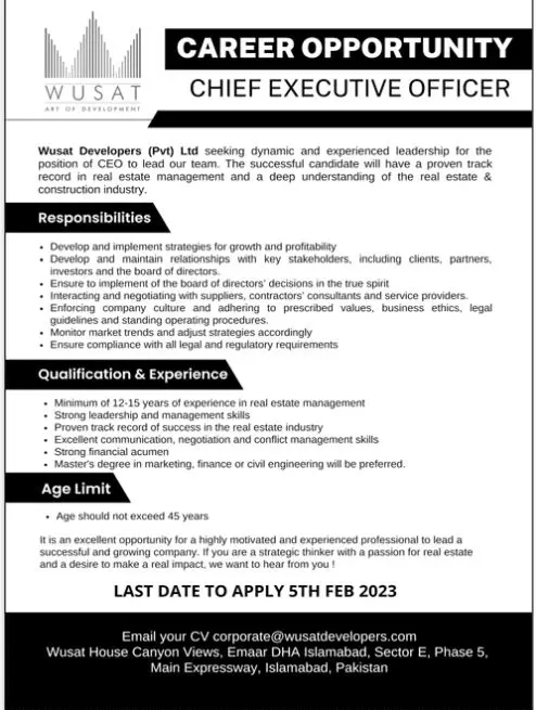 Wusat Developers Pvt LTD Islamabad Jobs 2023 – Private Company Jobs 2023 — original advertisement