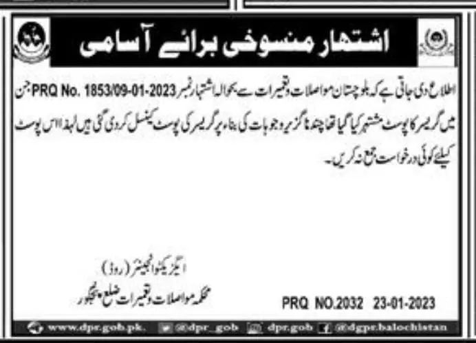 Cancell Communication & Construction Department Panjgur Jobs – Communication & Works Department Balochistan Jobs 2023 — original advertisement