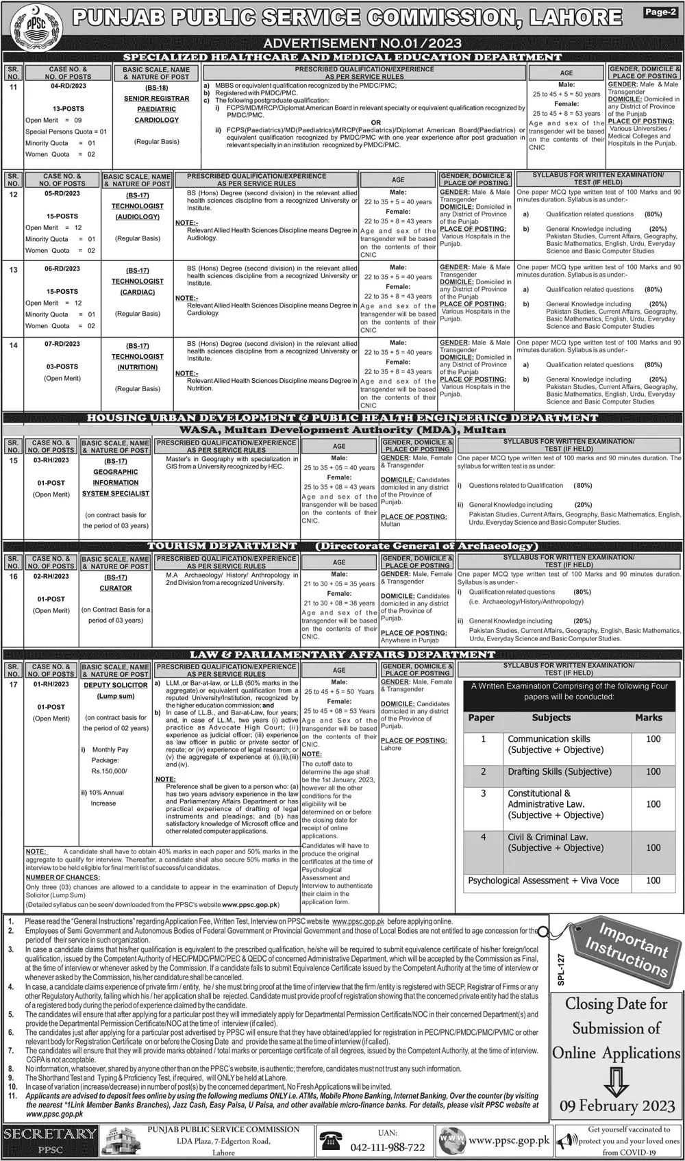 Punjab Public Service Commission Jobs 01/2023 – Punjab Public Service Commission Lahore Jobs 2023 — original advertisement