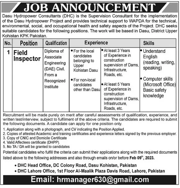 Dasu Hydropower Consultants DHC Jobs 2023 – Dasu Hydropower Consultants(DHC) Jobs 2023 — original advertisement