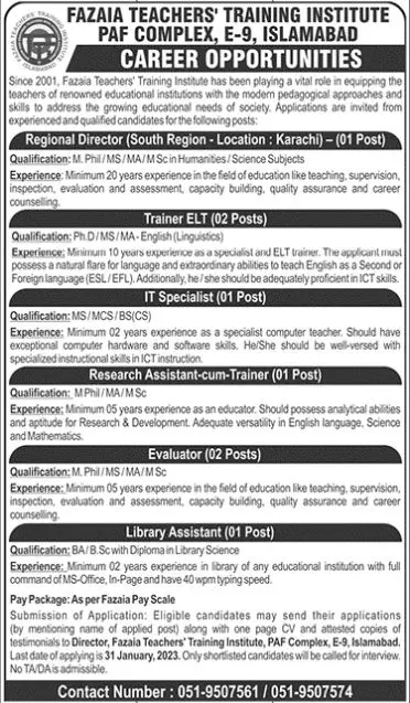 Fazaia Teachers Training Institute PAF Islamabad Jobs 2023 – Fazaia Schools & Colleges Jobs 2023 — original advertisement