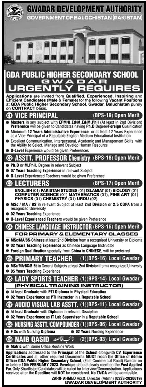 GDA Public Higher Secondary School Gwadar 2023 – Gwadar Development Authority Jobs 2023 — original advertisement