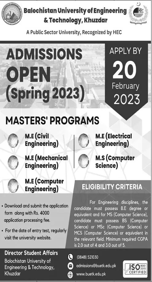 Balochistan University of Engineering & Tecnology Admissions – Balochistan University of Engineering and Technology BUETK Khuzdar Admissions 2023 — original advertisement