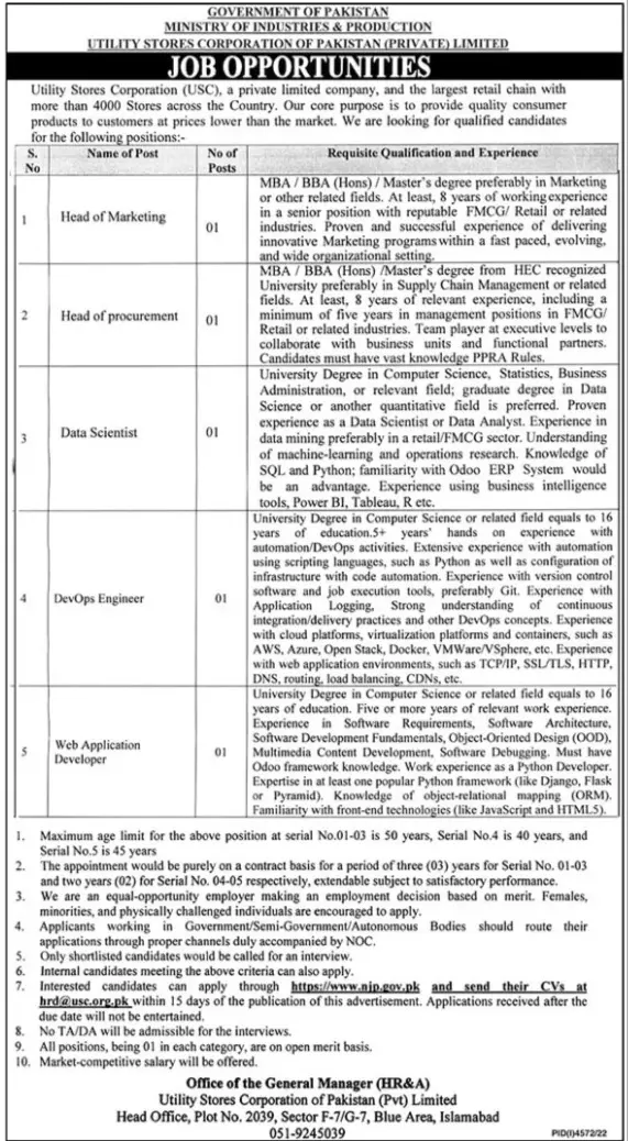 Utility Stores Corporation Jobs 2023 – Utility Stores Corporation of Pakistan Jobs 2023 — original advertisement