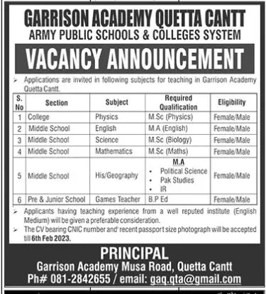 Garrison Academy Quetta Cantt Jobs 2023 – Federal Govt Educational Institutes Cantts and Garrisons Jobs 2023 — original advertisement