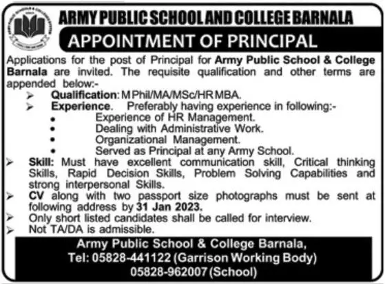Army Public School & College APS&C Barnala Jobs 2023 – Army Public School & College Paksitan Jobs 2023 — original advertisement