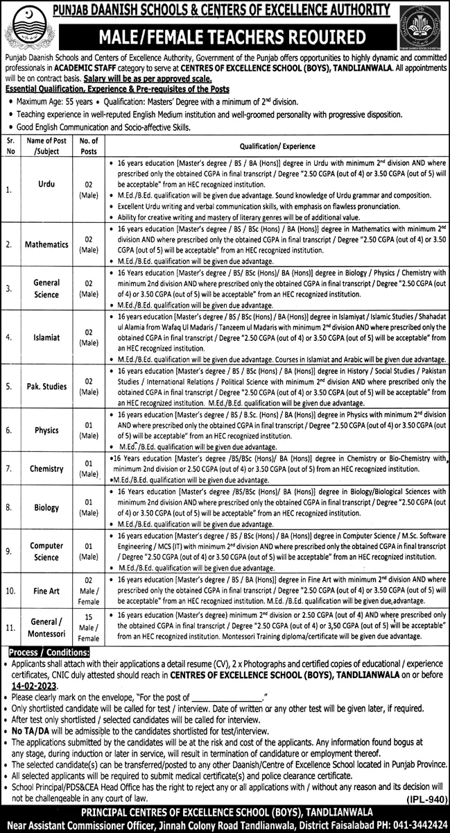 Punjab Daanish Schools & Centres of Excellence Authority Job Jobs 2023 — original advertisement