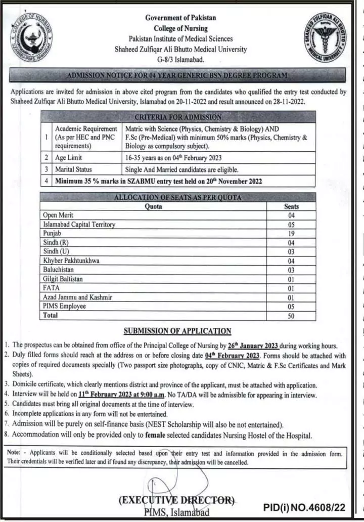 Shaheed Zulfiqar Ali Bhutto Medical University Admissions – Shaheed Zulfiqar Ali Bhutto Medical University Islamabad Admissions 2023 — original advertisement
