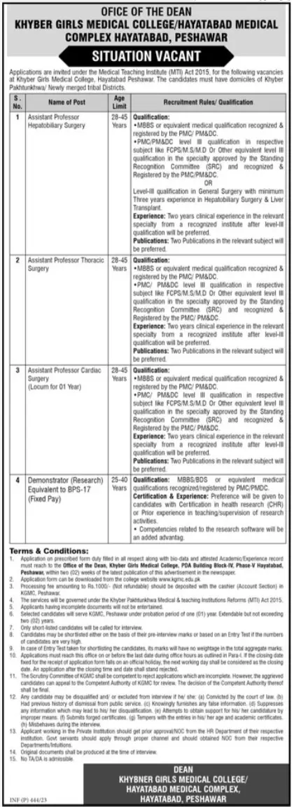Khyber Girls Medical College Peshawar Jobs 2023 Jobs 2023 — original advertisement