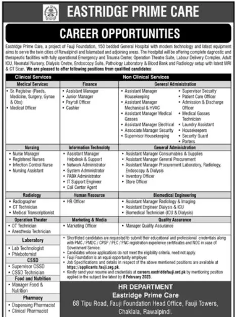 Eastridge Prime Care Rawalpindi Jobs 2023 – Fauji Foundation Rawalpindi Jobs 2023 — original advertisement