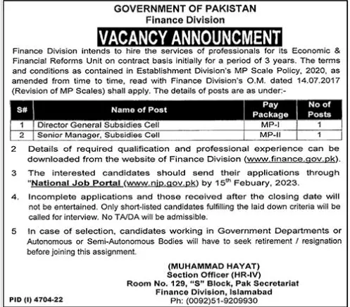 Finance Division Islamabad Jobs 2023 Jobs 2023 — original advertisement