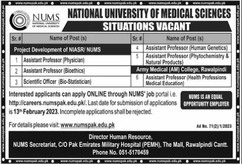 National University of Medical Sciences NUMS Jobs 2023 – National University of Medical Science NUMS Jobs 2023 — original advertisement