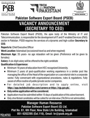 Pakistan Software Export Board PSEB Jobs 2023 Jobs 2023 — original advertisement
